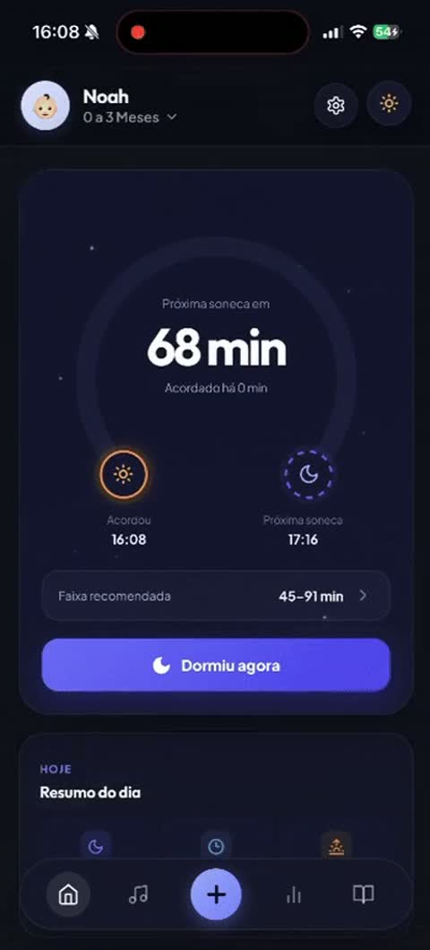 Tela real do app mostrando a próxima soneca e a faixa recomendada
