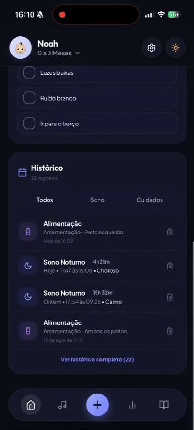 Tela real do app com lista de preparação e histórico de sono e alimentação