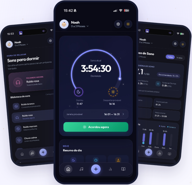 Três telas do Soninho Certo App: sons para dormir, acompanhamento da próxima soneca e diário de sono