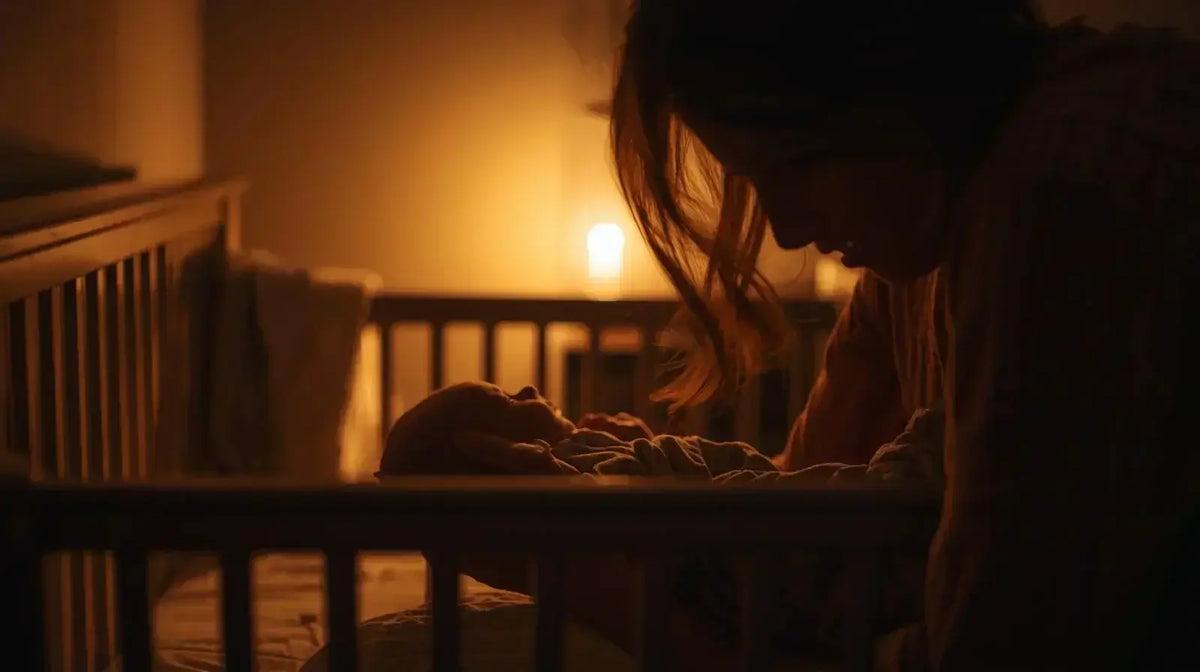 Mulher inclinada sobre um bebê no berço, em um quarto com iluminação suave.